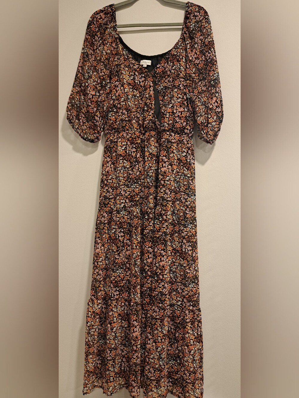 Luxology Floral Tiered Maxi Dress Size XL Black Pink Ditsy Surplice Elbow Sleeve